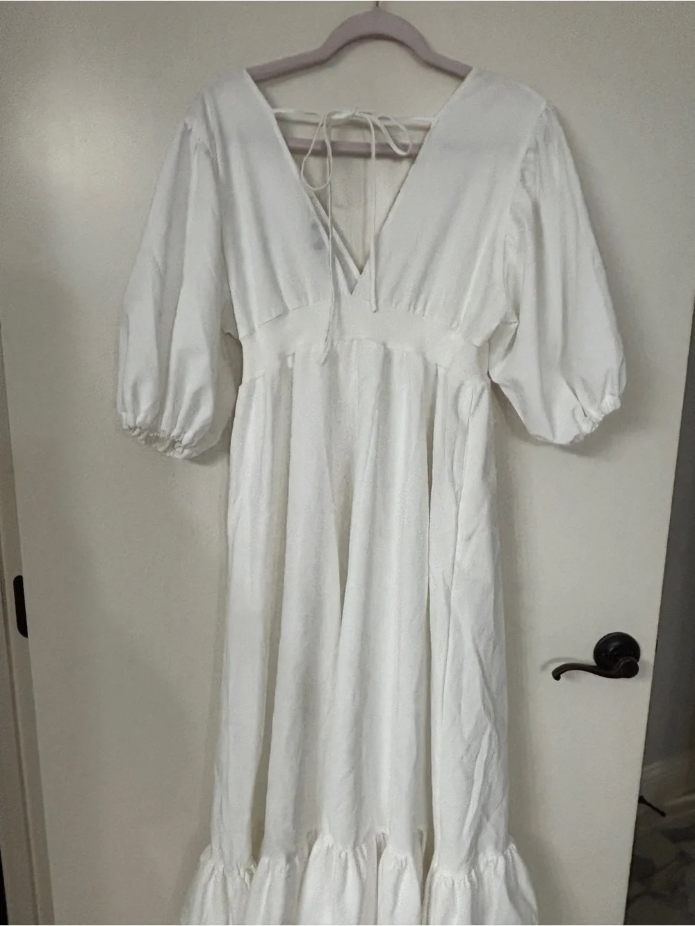 White Puff-Sleeve V-Neck Midi Dress